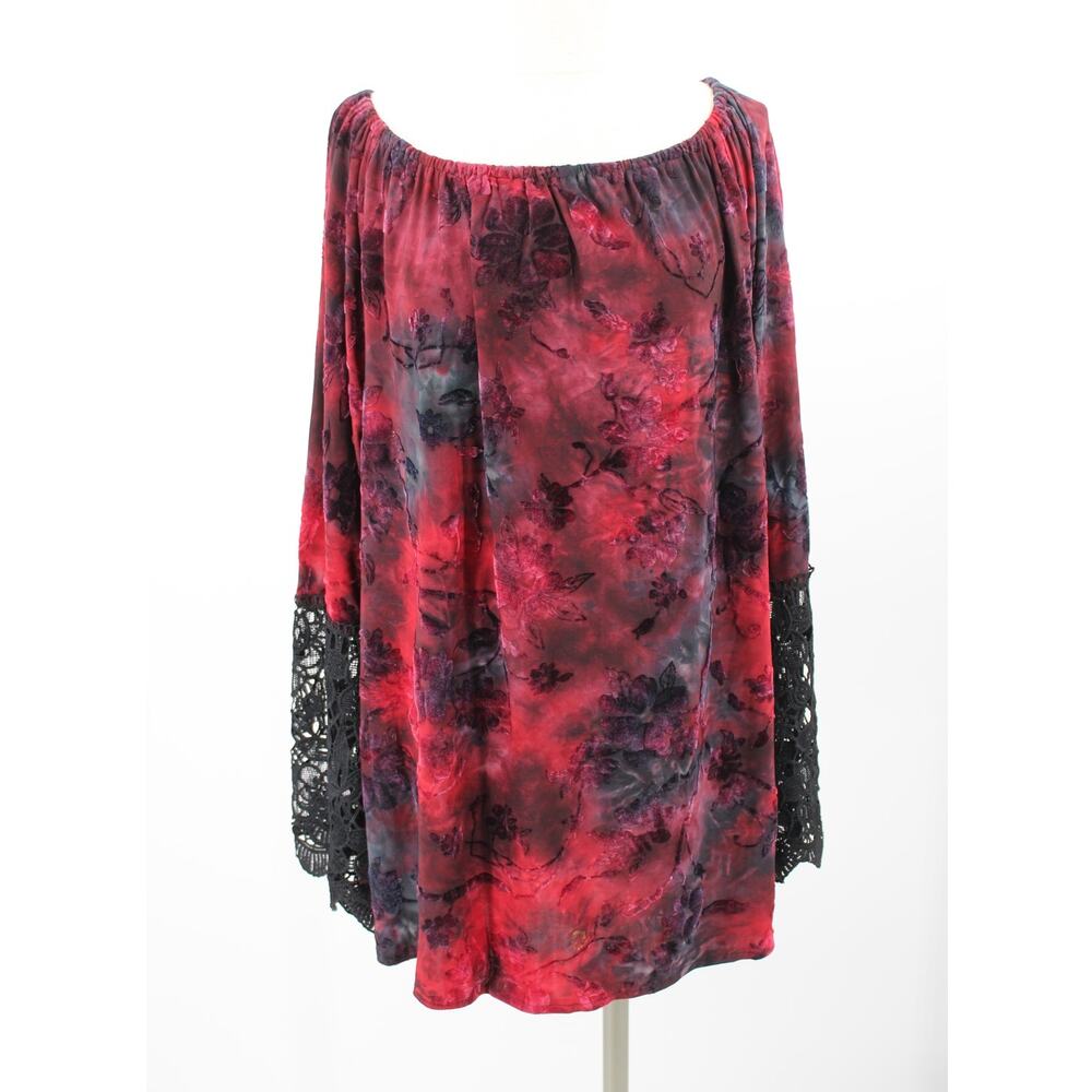The Pyramid Collection Off Shoulder Top Size Small Floral Lace Bell Sleeve Red